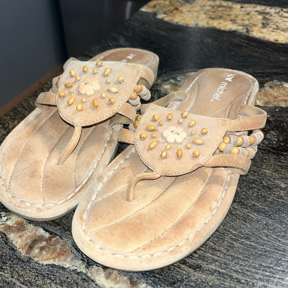 Michel YUKON TAN Leather BEADED Flowers flip Flops Thong Sandals,  Women’s  11M